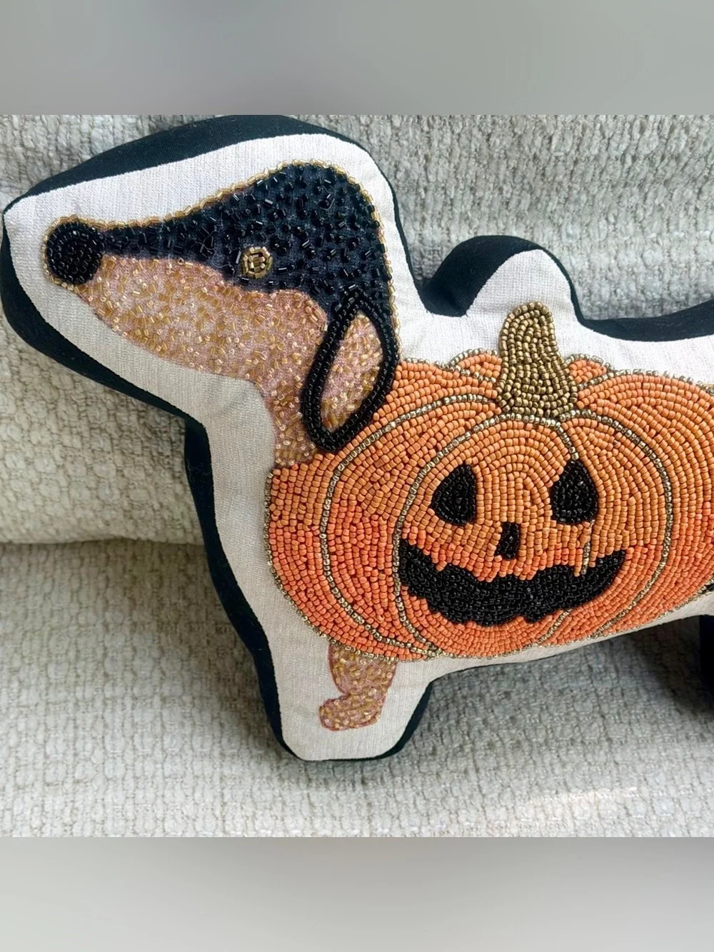 Beaded Dachshund Halloween Pumpkin Pillow